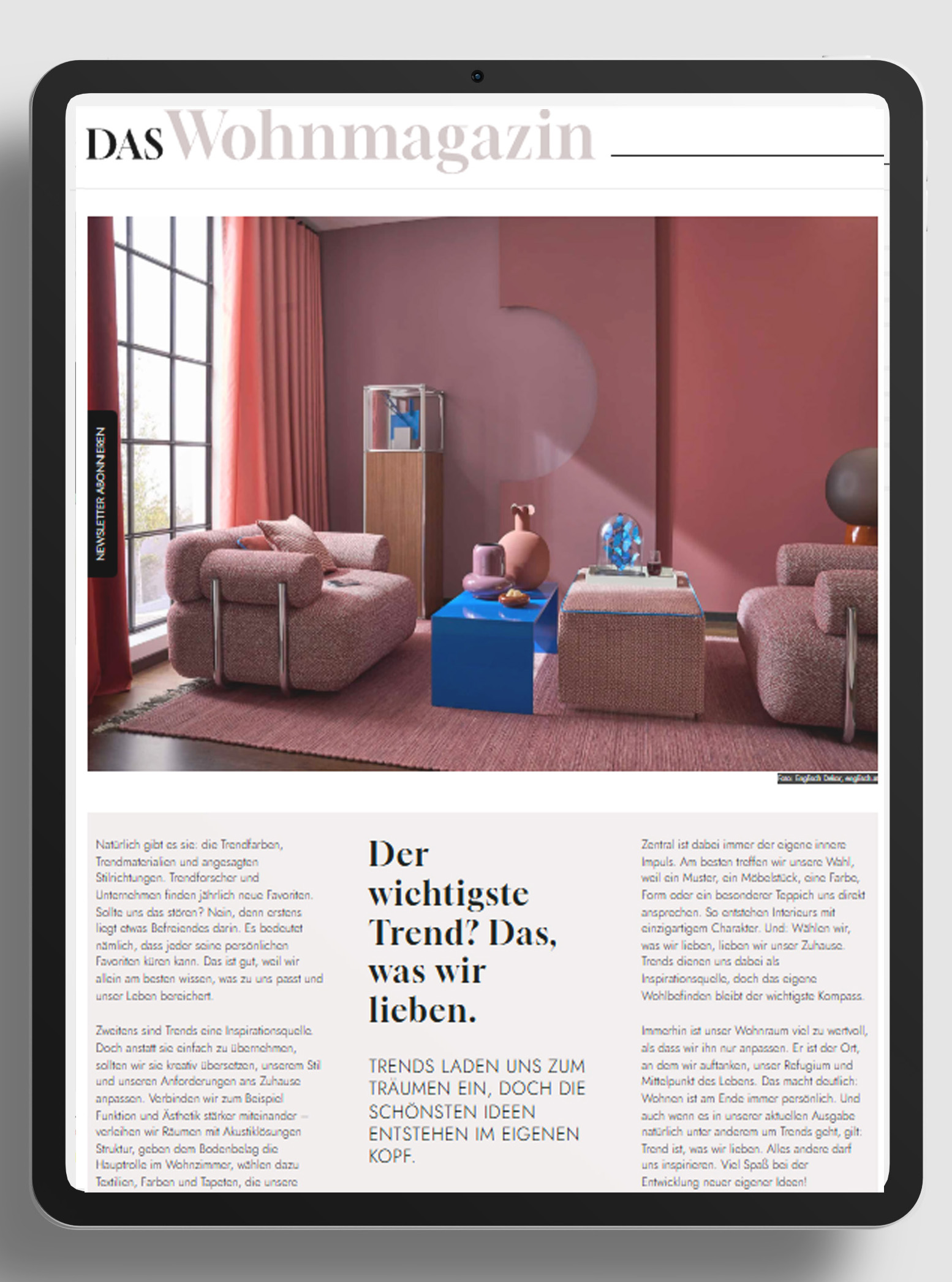Screenshot von einem Tablet. Text: Winter/Frühjahrausgabe 2026 – Das Wohnmagazin